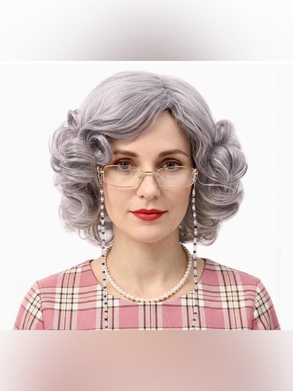 Wig Gray Old Lady Short Curly Grandma Costume Wig With Granny Glasses Pearl Neck